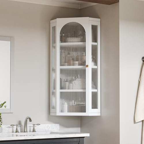Qiaoxuan Bathroom Corner Wall Cabinet, Metal Medicine Cabinet with Glass Doors and Shelves, Hanging Corner Storage Cabinet for Bathroom, Kitchen, Laundry Room (White)