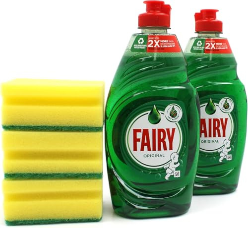 Fairy Original Washing Up Liquid, 900ml Twin Pack with Scourer Bundle, Kitchen Cleaning Set