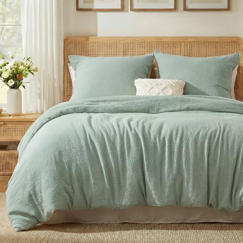 BEDSURE Musselin Bettwäsche 155x220 3teilig - Grün, 80x80 Kissen, Oeko-TEX | 100 % Baumwolle Bettwäsche-Sets, 1 Bettbezug 155 x 220 und 2 Kissenbezüge 80 x 80, mit Reißverschluss, Weich, Atmungsaktiv