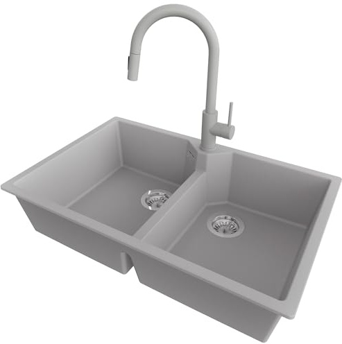 PRIMAGRAN Fregadero Granito al Mueble 80cm + Grifo, 78x50cm | Set: Grifo BW9010 + Kit de desagüe (sifón, válvula, rebosadero) + Madrid Twin 2 Senos para Cocina, Gris