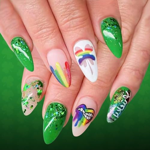 Lot de 24 faux ongles avec finition verte étincelante et motif trèfles arc-en-ciel pour fête offrant une application facile et des styles d'ongles StPatricks