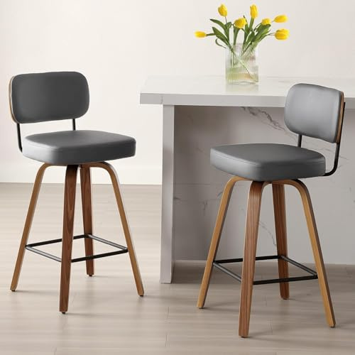 Bekrvio Barhocker 2er Set mit Lehne, 360° Drehbar aus Holz, Sitzhöhe 65 cm, Extra Starke Polsterung 7 cm & Pflegeleichtes Kunstleder, Belastbar bis 150 kg, für Kücheninsel & Theke, Grau
