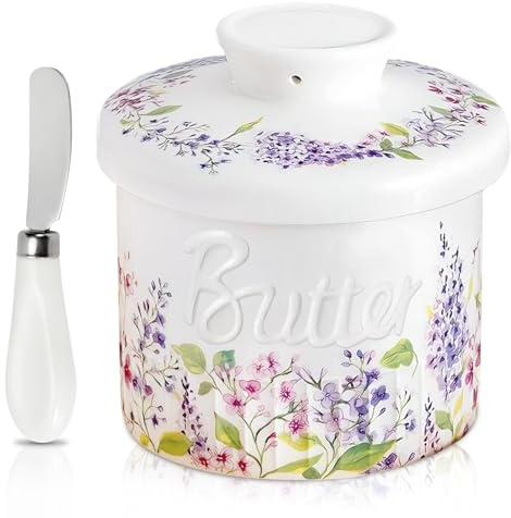 Butter Crock, French Butter Dish with Lid Ceramic, Butter Keeper with Knife, Lilac Floral Pattern, Spreadable Butter Container