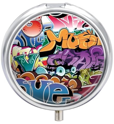 Pilulier rond graffiti Hip Hop, portable à 3 compartiments, exquis pilulier en métal avec fermeture à pression, boîte de rangement pour tablette pour sac à main, poche, voyage et utilisation