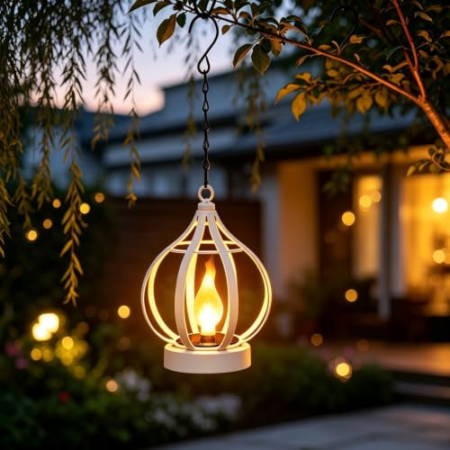 Solarlampen für Außen Hängend, Solarlaterne für Außen mit Haken und Kette, Gartendeko Solar Lantern mit Flackernder Flamme, IP65 Wasserdicht LED Solarleuchten für Balkon Terrasse Rasen (Weiß)