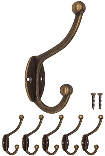 Fuxxer® Set di 5 ganci appendiabiti con effetto anticato, in ghisa di ferro, con effetto ottone o bronzo, in stile retrò, vintage e rustico, per giacche, asciugamani, vestiti, cappelli