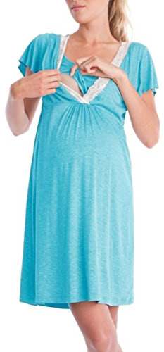 DOTBUY Pregnant Nightdress, Women's Maternity Dress Nursing Nightdress for Breastfeeding Nightgown Sleepwear (M, Light Blue)