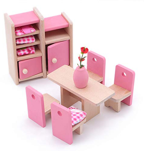 POFET Bambini Sala da Pranzo in Legno Casa delle Bambole Mobili in Miniatura Tavolo da Pranzo Sedie Armadietto Giocattolo Set Bambola Famiglia Fai Finta di Giocare Accessori