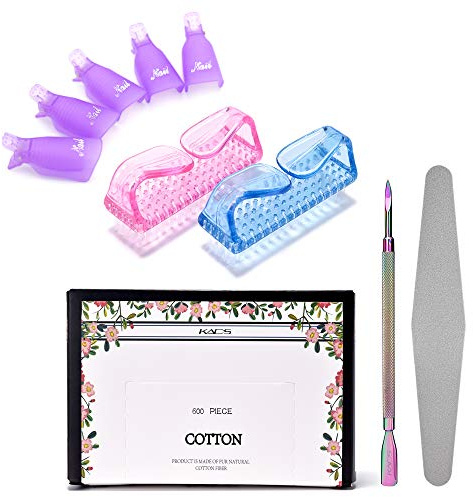 KADS Nagellackentferner Werkzeuge Set，Nagellack Gel Remover Tools Kit 10 Stück Nagel Clips Kappen 600 Stück Wattepads Für Gelnägel, 2 in 1 Nagelhautschaber Und Schieber,1 Nagelfeile Und 1 Nagelbürste