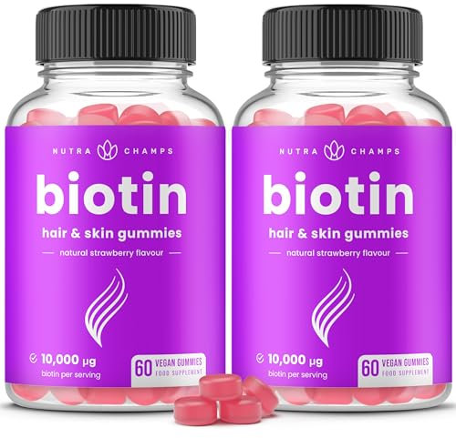 NutraChamps Biotin Gummies 10,000 mcg - Healthy Hair, Skin & Nails for Women, Men & Kids - Vegan, Non-GMO, Hair Vitamins Supplement - Natural Strawberry - 60 Gummies (2 Pack)
