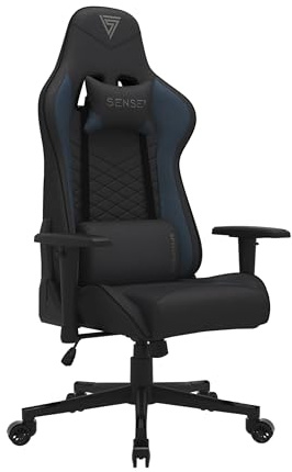 SENSE7 Gamingstuhl Stoff Neigungswinkel Schwarz-Blau Stahlrahmen 43-52 cm | Armlehnen, Maße 69,5x57 cm, für Gaming und Büro, verstellbare Sitzhöhe, einteilige Konstruktion, tägliche Nutzung
