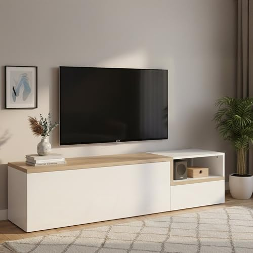 Dmora - Meuble TV Lapo, Buffet bas de salon avec 2 portes, Base pour meuble TV, 100% Made in Italy, 160x40h46 cm, Blanc brillant et érable