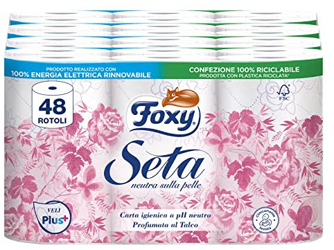Foxy Seda | Papel higiénico 200 hojas x 48 rollos, 2 capas de alto grosor | Embalaje reciclable fabricado con plástico reciclado