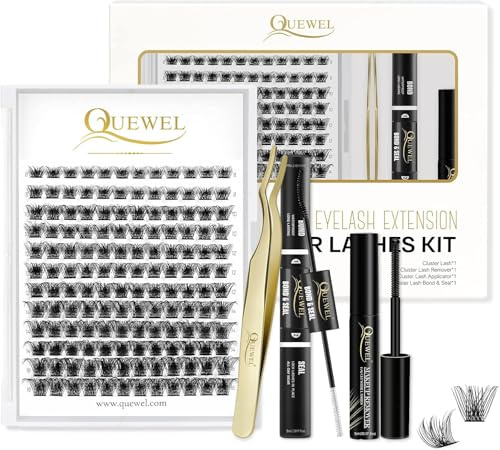 QUEWEL Eyelashes-Individual Kit 144Pcs Cluster-Lashes Kit Natural Look | DIY Eyelash Extensions Kit with Lash Bond and Seal Super Hold, and Lash Glue Remover Easy to Remove for Women(QU-RR-DH-01)