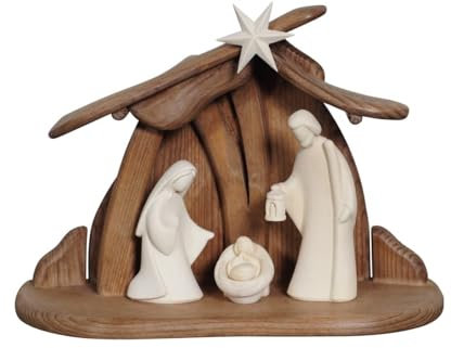 Generisches Set Krippe aus Holz, Krippe komplett aus Holz mit Hütte im modernen Stil, hergestellt in Gröden Statuen aus Naturholz (13 cm)