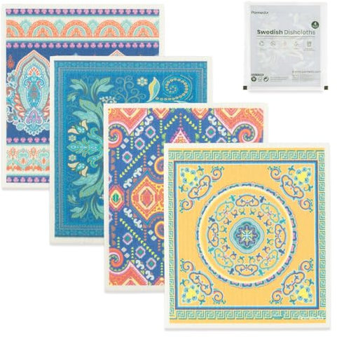 Parmedu Swedish Dishcloths 4-Pack, Reusable, Absorbent and Quick-Drying Kitchen Towels, Environmentally Friendly Dish Towels Biodegradable Cleaning Wipes, Mandala Pattern, TD004