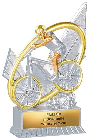 Mountainbike Pokal 12 cm mit Gravur - MTB Trophäe Radsport Award Gold | Resin Siegerpreis für Trails und Mountainbiken, inklusive personalisiertem Wunschtext-Schild, fertig montiert geliefert