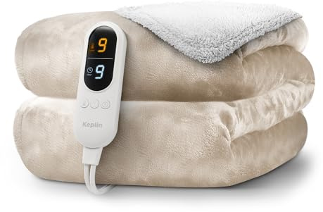 KEPLIN Large Electric Heated Throw Blanket - Electric Heated Blanket Throw for Bedspread 9 Heat Settings & Timer, Machine Washable Fleece Wool Duvet with 1 Year Warranty - Cream/Cream Sherpa