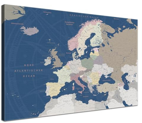 LANA KK Europakarte-Pinnwand als Leinwandbild zum pinnen der Reisen – „Europakarte Titan” - Deutsch - Landkarten-Wandbild Europa in blau, 60 x 40 cm