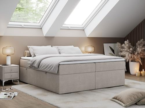 MKS MEBLE Boxspringbett 180x200 cm ohne Kopfteil mit Bettkasten, Premium Multipocket Matratze H3, mit Topper T25, Stauraumbett BESS - Beige Strukture