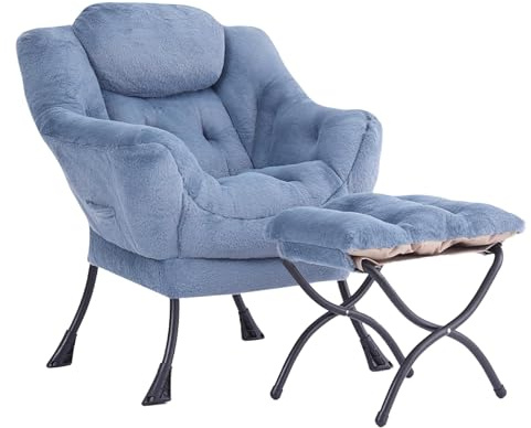 YOTATING Bequemer Sessel mit Fußhocker, Lazy Chair mit Ottomane, Freizeit-Akzentstuhl, Relax-Lounge-Sessel mit Armlehnen & Seitentasche für Wohnzimmer, Schlafzimmer & kleine Räume, Plüsch, Hellblau