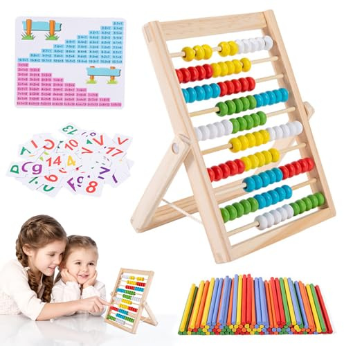 SHRADS Abakus, Kinderabakus, Grundschulabakus mit 100 Zählstäben und Zahlenkarten zum Zählen, ist EIN Zählspielzeug aus Holz, ideal zum Rechnenlernen, Rechenwettbewerbe