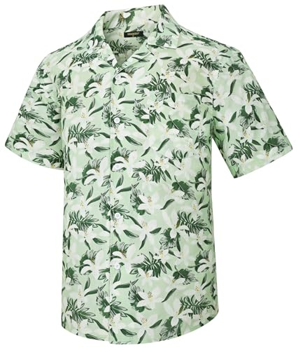 HISDERN Hawaiiansk skjorta för män vardaglig sommar kortärmad skjorta funky blommig Hawaii kubanska skjortor för tropisk semester strand, Grönt/vitt, L