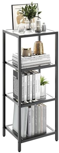 YMYNY Bücherregal, Standregale, Regal mit 4 Ablagen, Badregal, Gehärtetes Glas, Einfache Montage, für Badezimmer, Wohnzimmer, Küche, Büro, 35×30×94CM Schwarz HGD004B