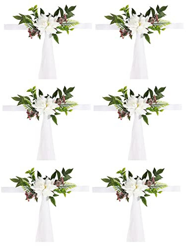 Set of 6 Wedding Aisle Pew Flowers Chair Back Flowers Artificial Dahlias with Bows Tulle for Ceremony Celebration Seat Church Bench (White)