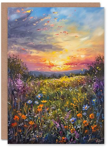 Artery8 Wildflower Meadow at Sunset Oil Painting Summer Greeting Birthday Card Him Her All Blank