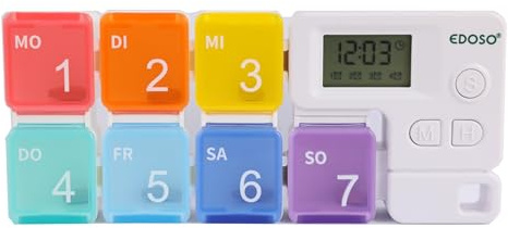 EDOSO Mini Tablettenbox für 7 Tage mit 7 Behältern und Alarm | Medikamentenbox Pillendose 1 Woche mit Timer und Wecker für Erinnerung | Deutsche Beschreibung | Farbige Tablettenbehälter