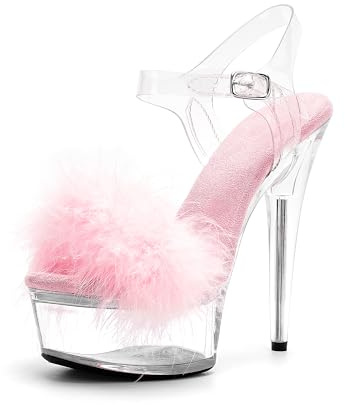 WUXIN H&P Women's 6 in Clear Platform Furry Heels Ankle-Strap Sexy, 6 in Pole Dance High Heel Platform, Exotic Clear Platform Pole Dance Heels Shoes Stiletto