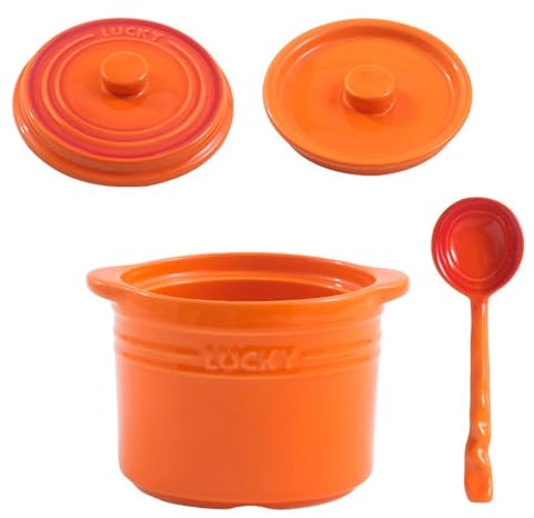 MGHRUE Marmite À Ragoût Domestique en Céramique avec Double Couvercle Et Cuillère, Marmite À Soupe Colorée Portable, Petites Cocottes pour Dessert Aux Œufs,Orange