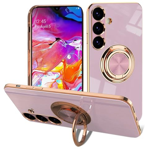 EYZUTAK Electroplated Magnetic Ring Holder Case for Samsung Galaxy S25, 360 Degree Rotation Metal Anti-fall Finger Ring Holder Magnet Car Holder Slim Soft Silicone Shockproof Cover - Purple