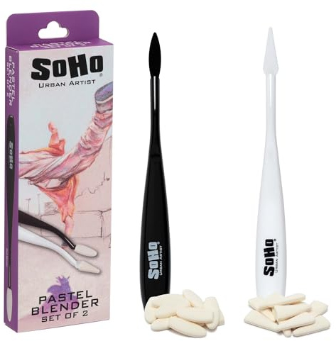 SoHo Urban Artist Pastel Blender Knife - Set of 2 Soft Pastel Blending Tools w/ 20 Mixed Foam Covers - Oval & Pointed Applicator - Plastic Palette Knife Set for Blending Soft Pastels & Charcoal