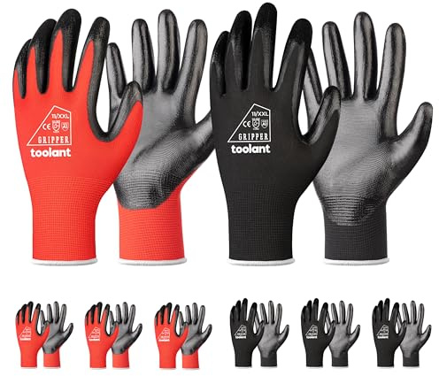 toolant Nitrile Coating Work Gloves for Men, Superior Oil Resistance, 6 Pairs Bulk Safety Work Gloves with Grip, Touch Screen, for Automobile Repair, Gardening, Warehouse (Red & Black，XXL)