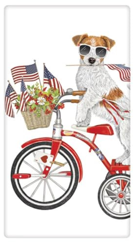 Mary Lake-Thompson BT693 Jack Russell Bike Flour Sack Towel – 30 x 30 Inch Cotton Kitchen Dish Towel – Patriotic Dog with USA Flags – Screen Print Lower Center