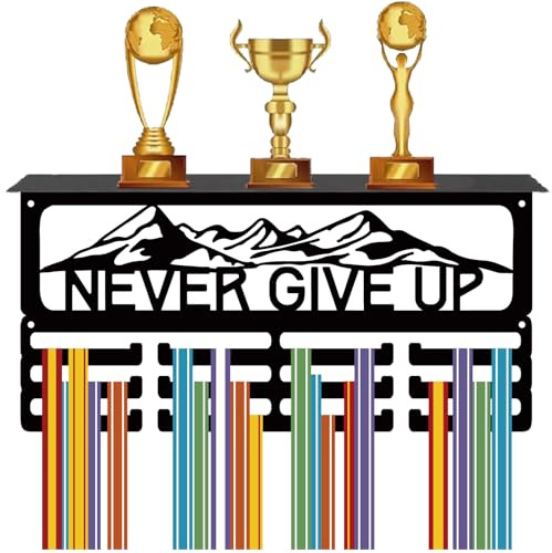 CREATCABIN Never Give Up Medaillenaufhänger Trophäenregal Mit 12 Haken Metall Medaillenhalter Aufhängen An Der Wand 60+ Medaillen Ständer Mit Ablage Für Sport Baseball Laufen Rennen 40x20x10cm