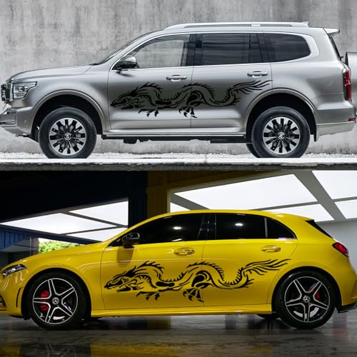 2pcs Drachen Totem Auto Karosserie Seite Aufkleber Große Auto Aufkleber für Autos/LKW/SUVs,Universal Vinyl selbstklebend Wasserdicht Aufkleber Dekoration Zubehör(Schwarz)