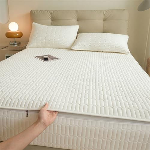TYYUETY Coprimaterasso Matrimoniale con Cerniera, coprimaterasso Spesso, coprimaterasso Traspirante-White- 180x200+20cm