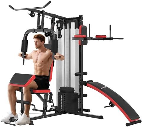 SPORTNOW Station de Musculation Multifonction Ajustable Banc Fitness 10 contrepoids 65 kg avec Filet de Protection Appareil de Musculation à Domicile Noir et Rouge