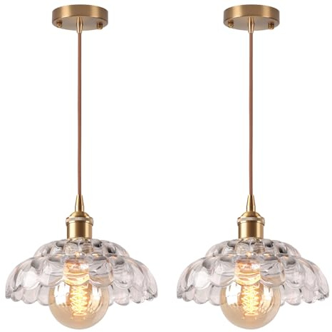 LIGKIN Juego de 2 Lámparas Colgantes Vintage Lustre Industrial E27 Lámpara de Flores Creativa con Pantalla de Vidrio, Lámpara de Techo Decorativa para Cocina, Comedor, Dormitorio