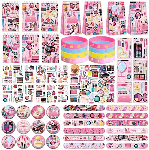 144PCS Spa Party Favors Set, 50 Stickers, 12 Tattoo Stickers, 12 Button Badges, 12 Mini Notepads, 12 Slap Bracelets, 12 Rubber Bracelets, 12 Goodie Bags for Girls Women Spa Birthday Party Supplies