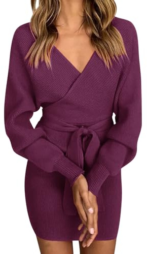 heekpek Abito Invernale Donna Maglia Elegante Mini Abiti Tubino Donna Comodi Elasticità Manica Lunga Scollo a V Corti Abiti Scollati con Cintura