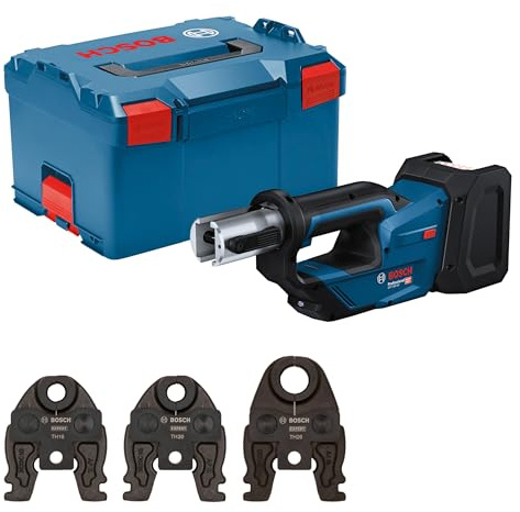 Bosch Professional 18V System Akku Presswerkzeug GPT 18V-19 (19 kN Kraft, um 360° drehbarer Kopf, inkl. Pressbacke Comp. TH16, TH20, TH26, L-BOXX)