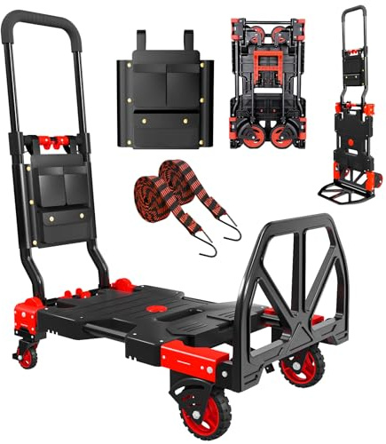 WestShuri Folding Hand Truck, 2 in 1 Portable Heavy Duty Carrying Moving Dolly Cart with 4 Foldable Wheels and Retractable Handle Duty 330lbs (Red)