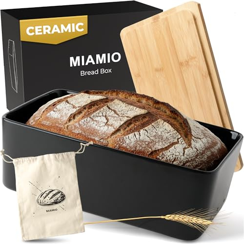 MIAMIO – Boîte à Pain pour Plan de Travail de Cuisine/Boîte à Pain en Céramique avec Planche à Découper, Conteneur à Pain avec Couvercle en Bambou, 32 x 20 x 11,5 cm (Noir)
