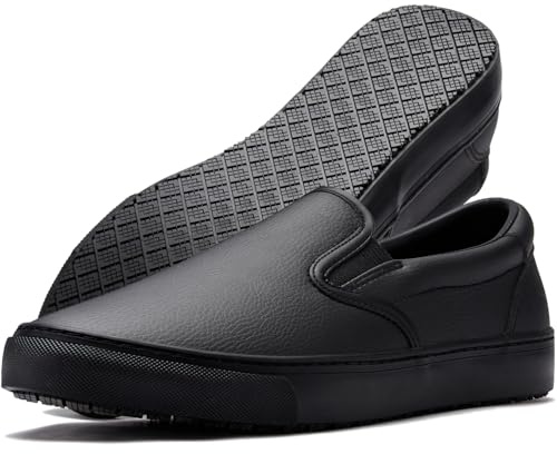 Convole Non-Slip Work Shoes for Men, Leather Slip-Resistant (Oil & Water) Sneakers for Food Service, Slip On Restaurant Server Shoes, Black Comfortable Casual Stain Resistant Chef Kitchen Shoes