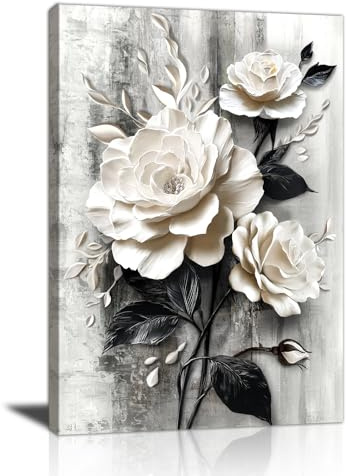 Schwarz Weiße Rosenblumen Leinwand Bilder Mit Rahmen, Grau Weiße Blumen Bild Auf Leinwand Weiß Blühende Blumen Wandbilder Poster Zuhause Wanddeko für Badezimmer Büro Wohnzimmer Schlafzimmer 40x60cm