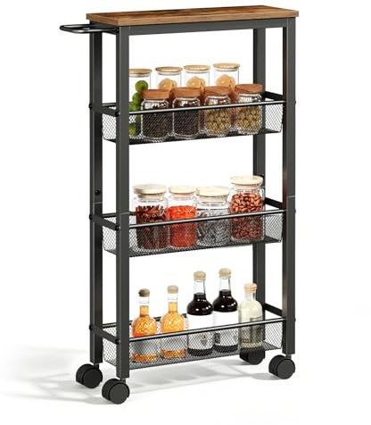 HOOBRO 4-stöckiger Servierwagen mit Rollen und Verstellbaren Füßen, Rollwagen mit Zaun, Küchenwagen, Küchenregal, Barwagen, für Küche, Wohnzimmer, Badezimmer, Schwarz und Vintagebraun EBF71TC01